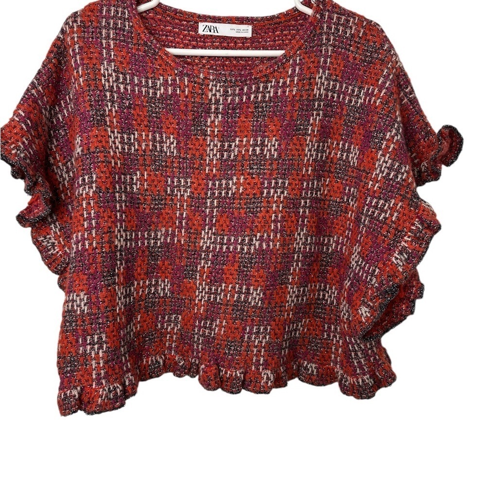 NWOT ZARA Multicolor RUFFLED KNIT TOP Metallic Short Sleeve